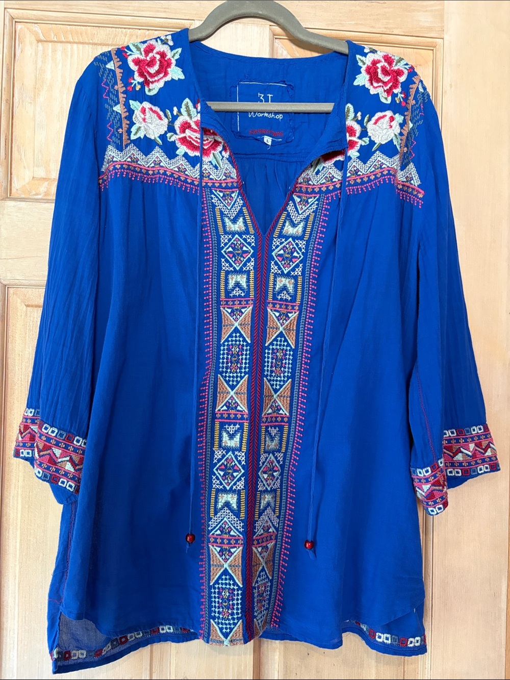 Johnny Was Royal Blue Embroidered Peasant Top Size L